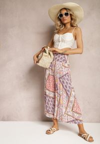 Renee - Różowe Szerokie Spodnie Culottes z Mozaikowym Wzorem i Gumką w Pasie Mizina. Kolor: różowy. Materiał: wiskoza. Sezon: lato. Styl: boho #1