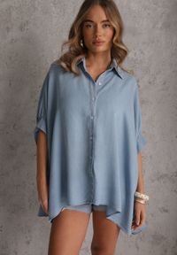 Renee - Jasnoniebieska Oversizowa Koszula z Wiskozą z Nietoperzowymi Rękawami 3/4 Cirithe. Okazja: na co dzień. Kolor: niebieski. Materiał: wiskoza. Wzór: gładki. Sezon: lato. Styl: casual #7