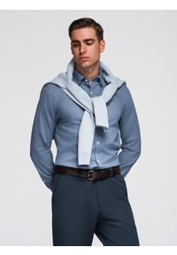 Ombre Clothing - Koszula męska SLIM FIT z ozdobnej tkaniny – niebieska V1 - Rozmiar: XL. Okazja: do pracy, na co dzień. Kolor: niebieski. Materiał: tkanina. Wzór: aplikacja, haft, ze splotem. Styl: casual, klasyczny