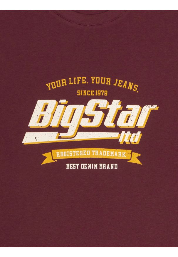 Big-Star - Koszulka męska z nadrukiem bordowa Briss 604. Okazja: na co dzień. Kolor: czerwony. Materiał: bawełna, materiał, skóra, jeans. Wzór: nadruk. Styl: klasyczny, vintage, casual