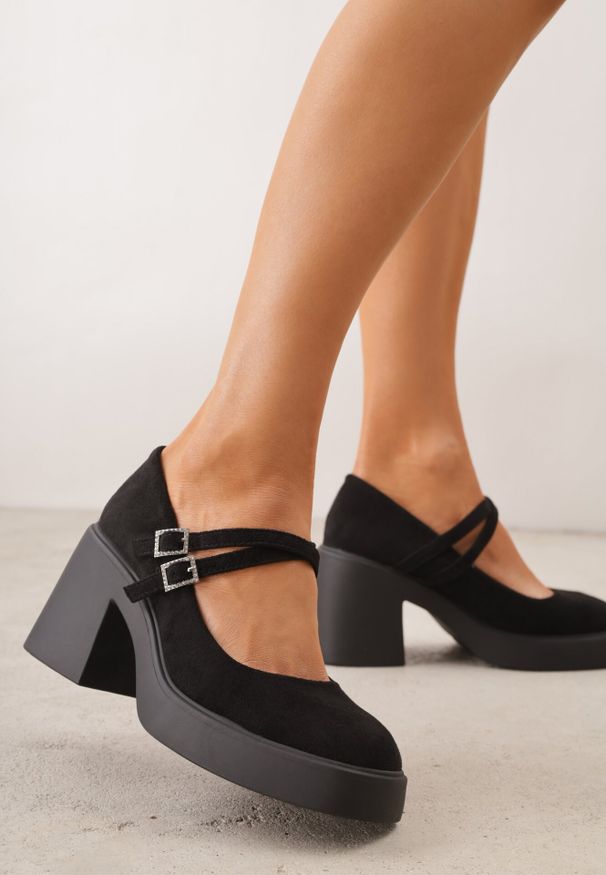 Born2be - Czarne Półbuty na Słupku z Podwójnym Paskiem z Cyrkoniowymi Klamrami Nerilin. Okazja: do pracy, na spotkanie biznesowe. Zapięcie: klamry. Kolor: czarny. Materiał: materiał, jeans. Obcas: na słupku. Styl: elegancki, biznesowy, klasyczny