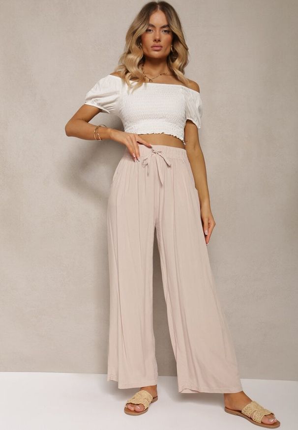 Renee - Jasnobeżowe Bawełniane Spodnie Palazzo High Waist z Gumką w Pasie Gitanea. Okazja: na co dzień. Stan: podwyższony. Kolor: beżowy. Materiał: bawełna. Styl: elegancki, casual