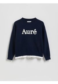 Reserved - Sweter z falbanką - granatowy. Kolor: niebieski. Materiał: dzianina #1