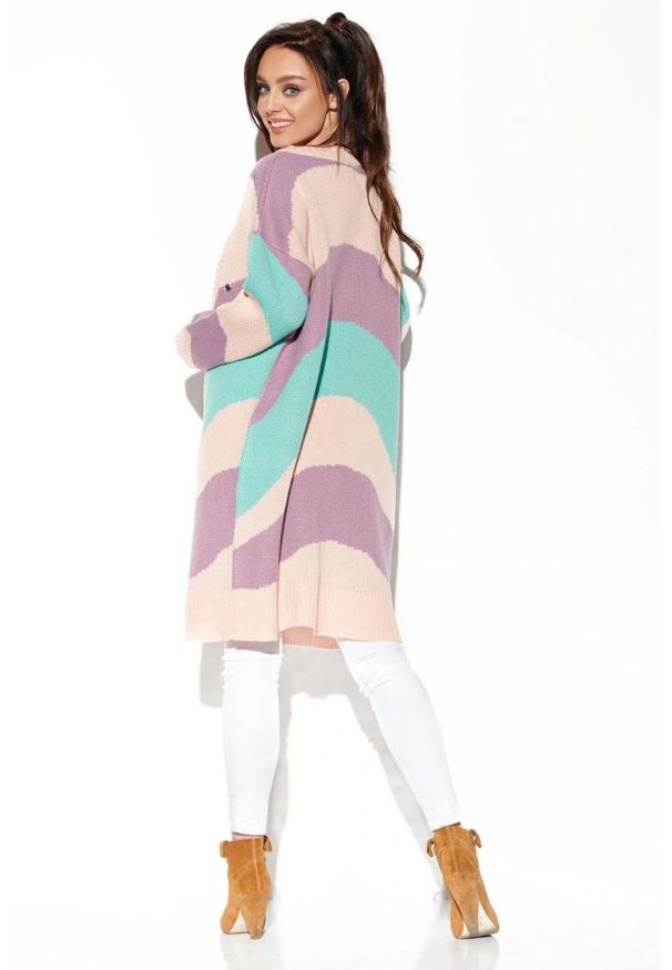 Sukienki.shop - Długi sweter bez zapięcia pastelowy w paski. Okazja: na co dzień. Materiał: materiał, akryl, jeans. Długość: długie. Wzór: paski. Sezon: lato. Styl: casual, elegancki