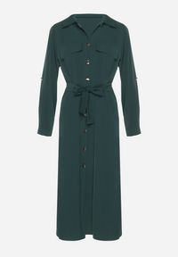 Born2be - Ciemnozielona Koszulowa Sukienka z Eleganckimi Guzikami i Wiązanym Paskiem w Talii Kortella. Okazja: na co dzień, na spotkanie biznesowe. Typ kołnierza: dekolt w serek. Kolor: zielony. Długość rękawa: długi rękaw. Typ sukienki: koszulowe. Styl: elegancki #4