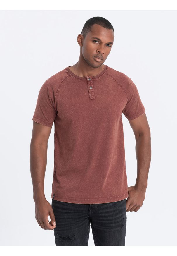 Ombre Clothing - T-shirt męski z dekoltem henley - bordowy V3 S1757 - XXL. Typ kołnierza: typu henley. Kolor: czerwony. Materiał: dzianina, bawełna. Długość rękawa: raglanowy rękaw