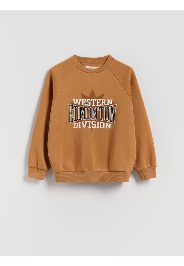 Reserved - Bluza z nadrukiem - brązowy. Kolor: brązowy. Materiał: bawełna, dzianina. Wzór: nadruk