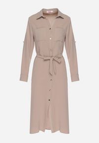 Born2be - Ciemnobeżowa Koszulowa Sukienka z Materiałowym Paskiem Vivinara. Okazja: na imprezę, na co dzień. Kolor: beżowy. Materiał: materiał. Typ sukienki: koszulowe. Styl: elegancki, casual #3