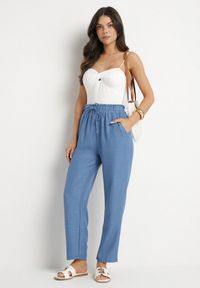 Born2be - Niebieskie Spodnie z Wysokim Stanem i Gumką w Talii Savisse. Okazja: na co dzień. Stan: podwyższony. Kolor: niebieski. Styl: elegancki, casual #7