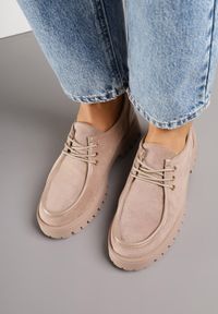 Renee - Ciemnobeżowe Półbuty Mokasyny w Stylu Boat Shoes ze Sznurowaniem Balmitar. Kolor: beżowy. Materiał: jeans #4
