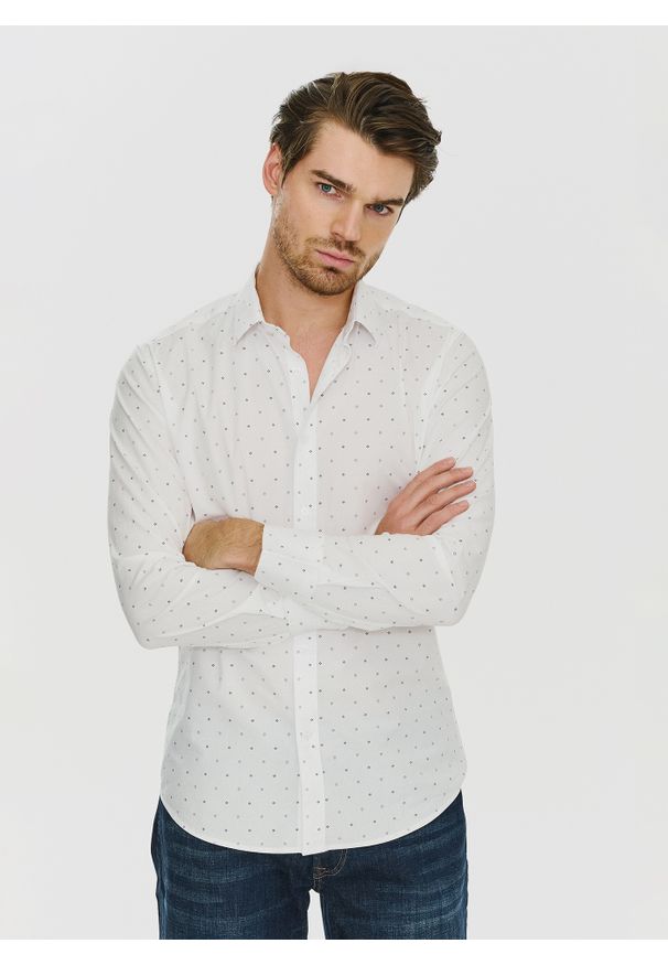 PAKO LORENTE – Koszula w kolorze białym w drobny wzór P24SF-1X-022-B-S - Pako Lorente. Okazja: na co dzień. Kolor: biały. Materiał: elastan, jeans. Styl: casual