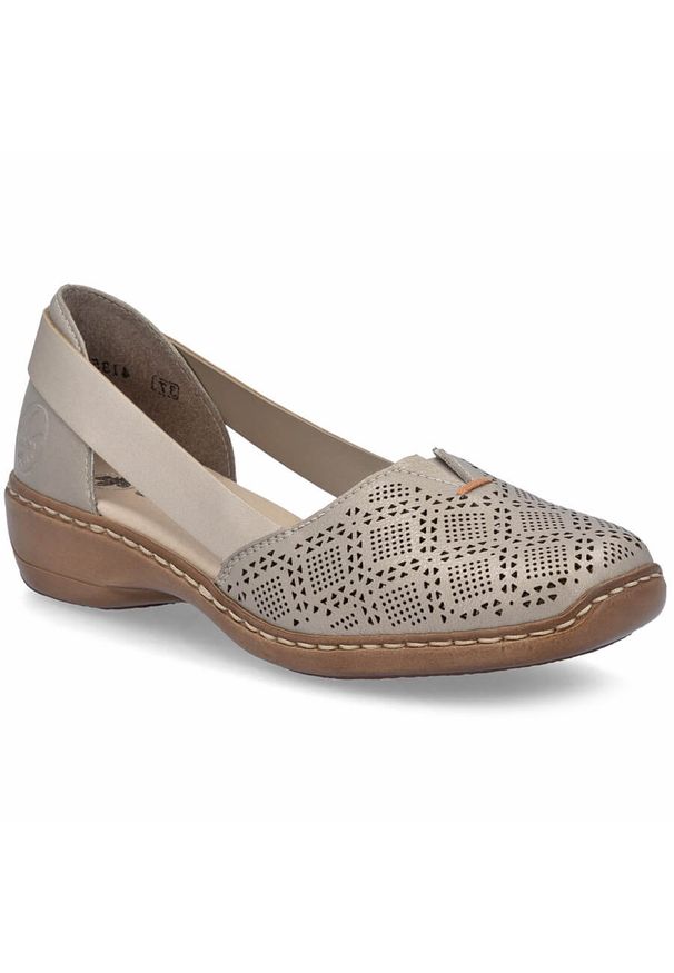 Skórzane półbuty damskie ażurowe komfort beżowe Rieker 41351-90. Kolor: beżowy. Materiał: skóra. Wzór: ażurowy