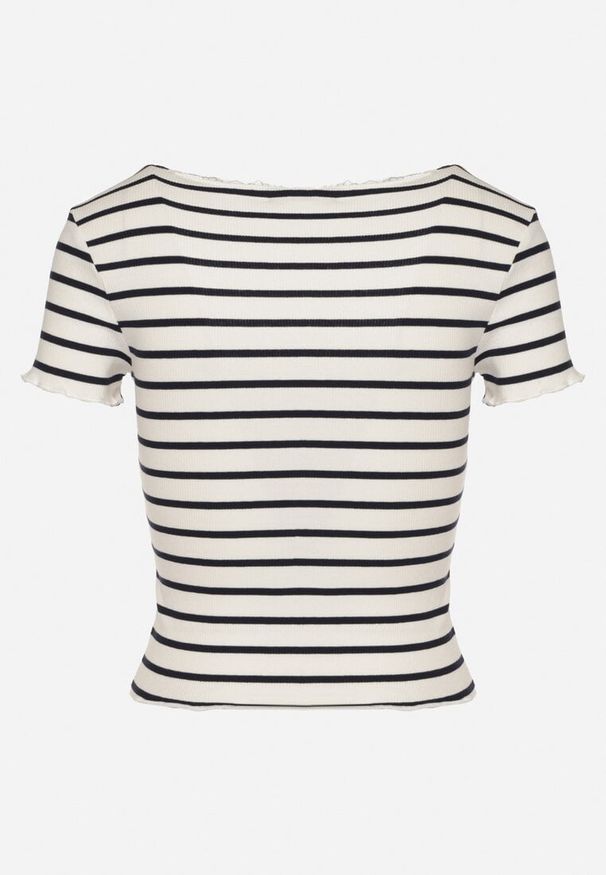 Born2be - Biały Bawełniany T-shirt w Paski z Koronką i Guzikami Panirea. Okazja: na co dzień. Kolor: biały. Materiał: bawełna, koronka. Wzór: paski, koronka. Styl: elegancki, casual
