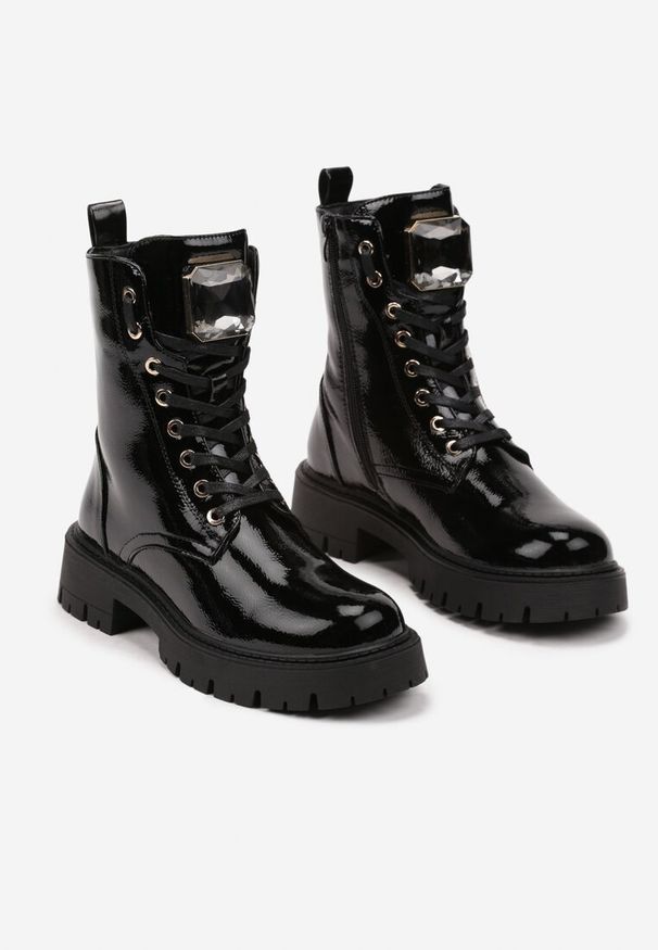 Renee - Czarne Sznurowane Botki na Platformie w Stylu Workerów z Aplikacją Kryształka Arrelae. Okazja: na co dzień. Zapięcie: sznurówki. Kolor: czarny. Materiał: jeans. Wzór: aplikacja. Obcas: na platformie. Styl: casual