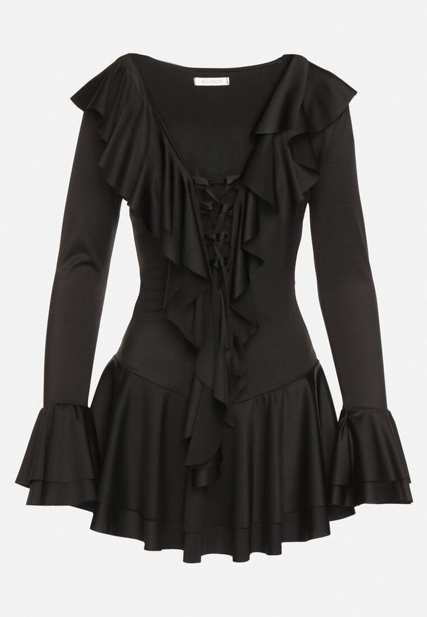 Born2be - Czarna Taliowana Sukienka Zdobiona Falbankami Tiraneda. Okazja: na imprezę. Typ kołnierza: kołnierz z falbankami. Kolor: czarny. Wzór: aplikacja. Typ sukienki: proste. Styl: elegancki