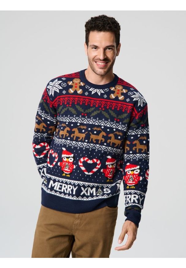 Sinsay - Świecący sweter z motywem świątecznym - granatowy. Kolor: niebieski. Styl: wizytowy