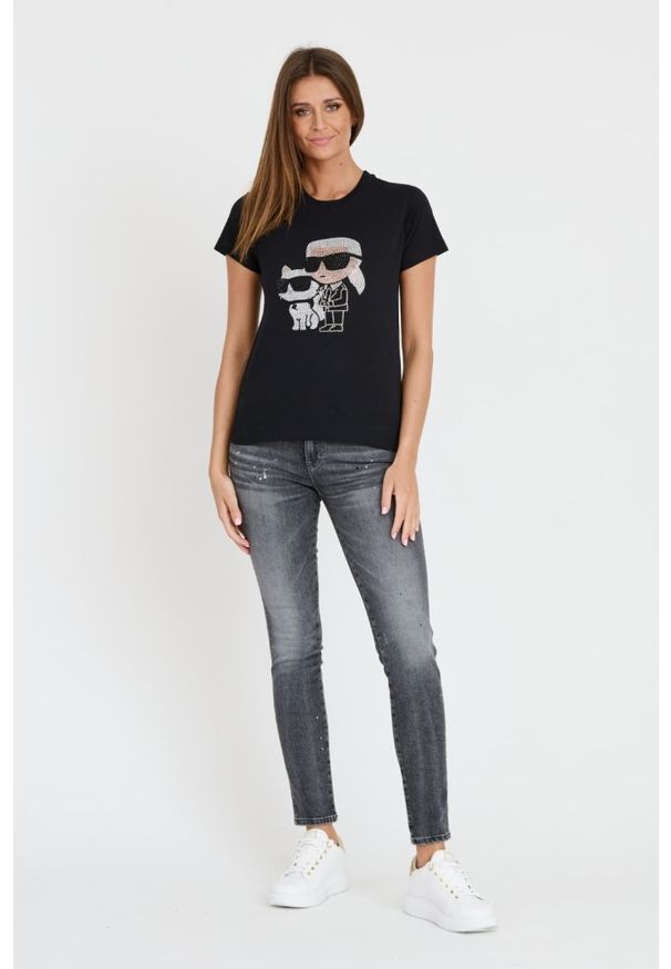Karl Lagerfeld - KARL LAGERFELD Czarny damski t-shirt Ikonik 2.0, Rozmiar XS. Kolor: czarny