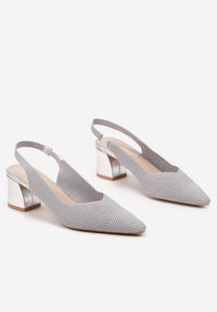 Renee - Srebrne Czółenka na Słupku Typu Slingback Fonnaria. Zapięcie: pasek. Kolor: srebrny. Wzór: aplikacja. Sezon: lato. Obcas: na słupku. Styl: klasyczny, elegancki, wizytowy. Wysokość obcasa: średni #3