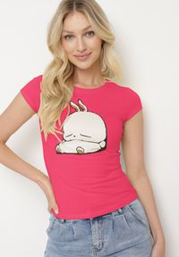 Born2be - Fuksjowy Bawełniany T-shirt z Ozdobnym Nadrukiem Ianestra. Kolor: różowy. Materiał: bawełna. Wzór: nadruk. Sezon: lato #1