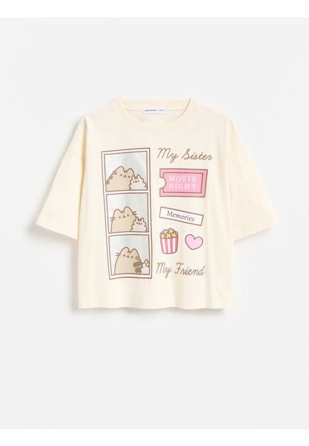 Reserved - T-shirt Pusheen - kremowy. Kolor: kremowy. Materiał: bawełna