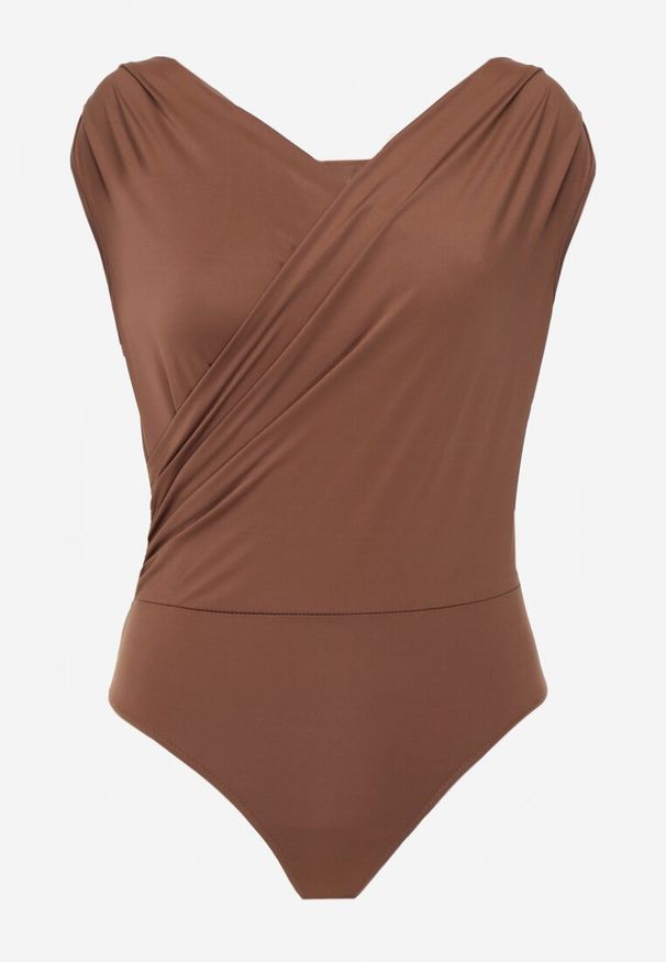 Renee - Brązowe Kopertowe Body Bez Rękawów Edalwen. Okazja: na imprezę. Kolor: brązowy. Materiał: skóra. Długość rękawa: bez rękawów. Styl: elegancki