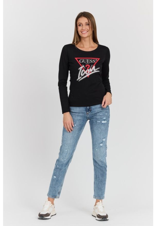 Guess - GUESS Czarny damski longsleeve Icon Tee z dużym logo, Rozmiar S. Kolor: czarny. Materiał: bawełna. Długość rękawa: długi rękaw. Wzór: aplikacja. Styl: klasyczny