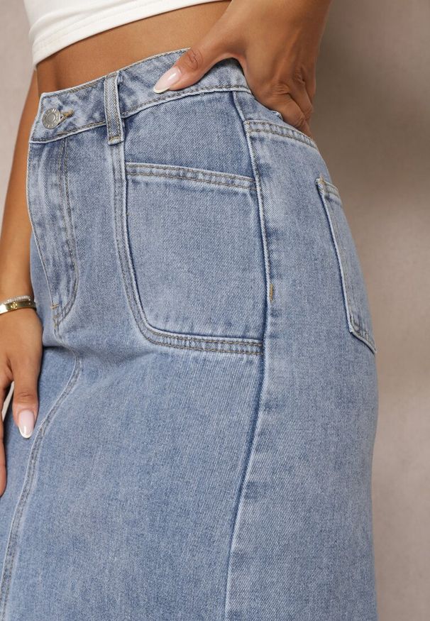 Renee - Niebieska Spódnica Jeansowa Midi z Wysokim Stanem Zakila. Stan: podwyższony. Kolor: niebieski. Materiał: jeans