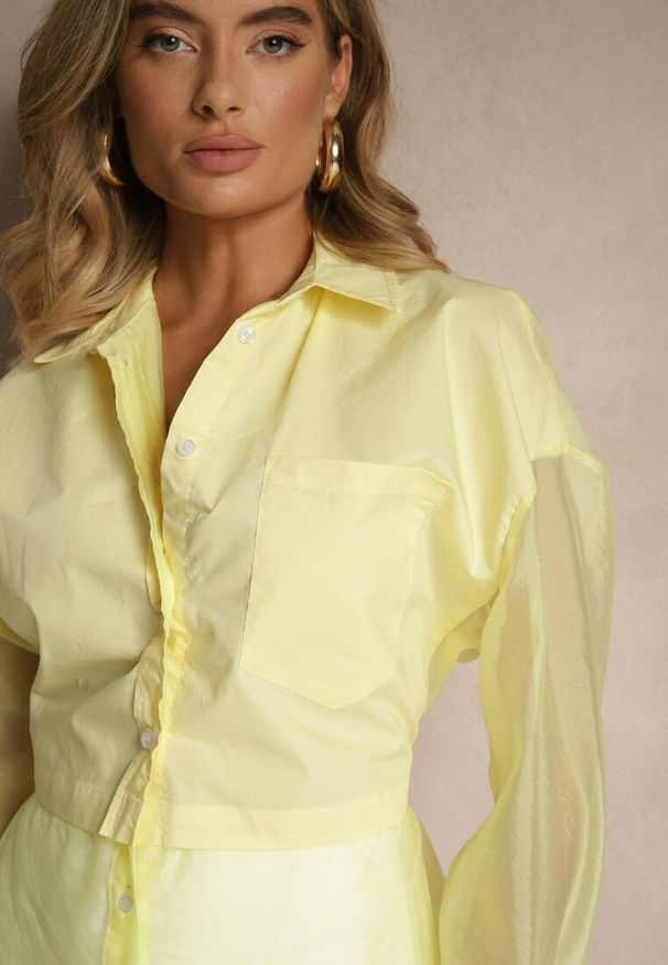 Renee - Żółta Koszula Ozdobiona Przezroczystymi Rękawami Tilaria. Okazja: na co dzień. Kolor: żółty. Materiał: jeans. Wzór: aplikacja. Sezon: lato. Styl: casual