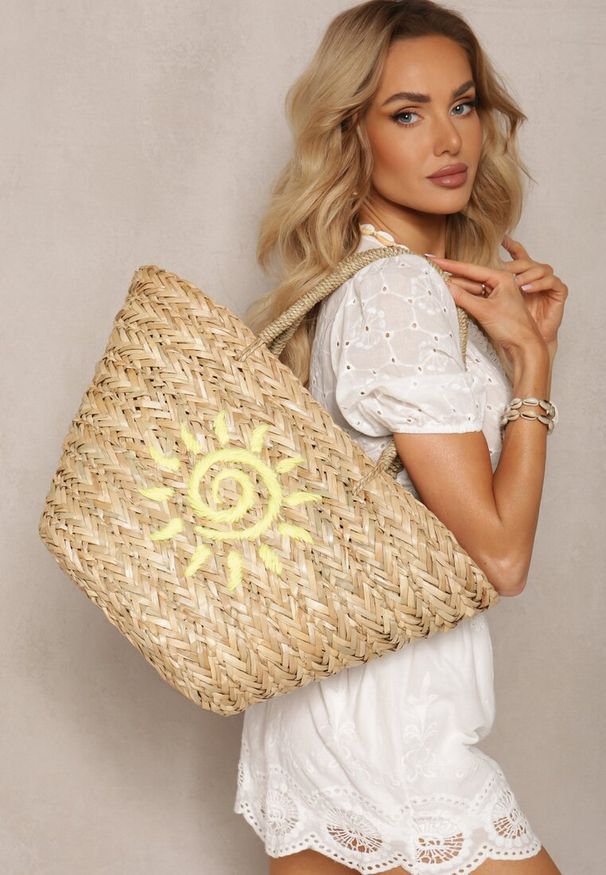 Renee - Beżowa Pleciona Torebka Shopper ze Wzorem Słońca Zapinana na Zamek Błyskawiczny Damisse. Kolor: beżowy. Sezon: lato