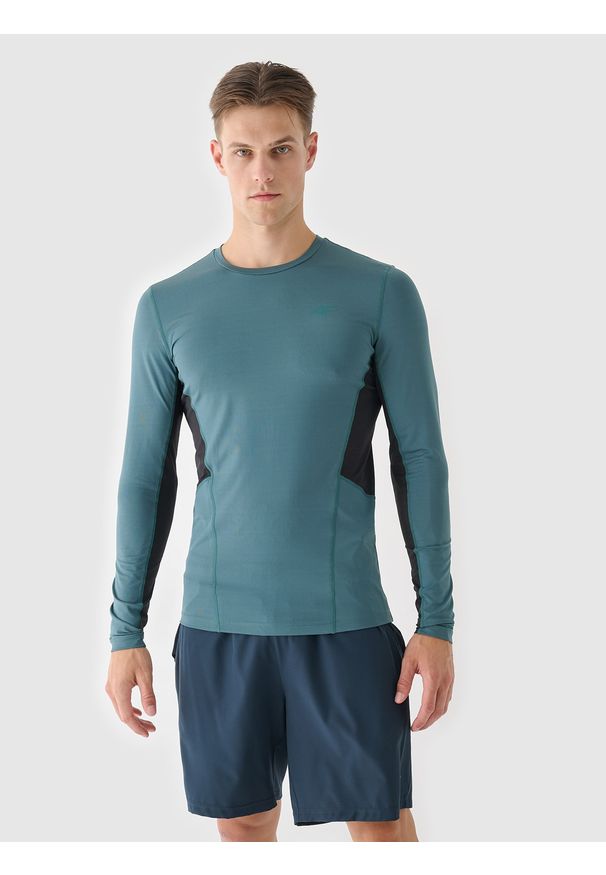 4f - 4F Longsleeve do biegania szybkoschnący męski - zielony M. Kolor: zielony. Materiał: włókno, elastan, dzianina, materiał, poliester. Długość rękawa: długi rękaw. Długość: krótkie. Wzór: gładki, ze splotem. Sport: bieganie, fitness