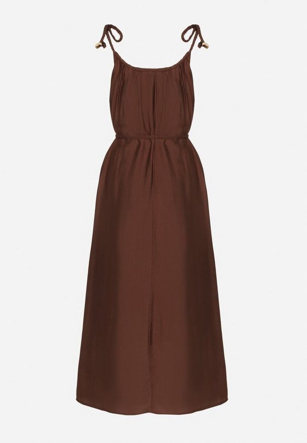 Born2be - Brązowa Sukienka z Wiskozy na Wiązanych Ramiączkach z Plecionym Paskiem Mirazelia. Okazja: na co dzień. Kolor: brązowy. Materiał: wiskoza. Długość rękawa: na ramiączkach. Typ sukienki: proste. Styl: glamour, casual