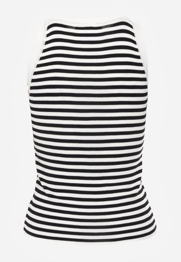 Born2be - Biało-Czarny Top w Paski z Broszką Duzette. Kolor: biały. Materiał: wiskoza, tkanina. Długość rękawa: bez rękawów. Wzór: paski. Styl: elegancki