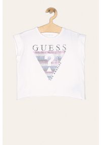 Guess Jeans - T-shirt dziecięcy 118-175 cm. Okazja: na co dzień. Kolor: biały. Materiał: bawełna, jeans, dzianina, elastan. Wzór: aplikacja. Styl: casual #1