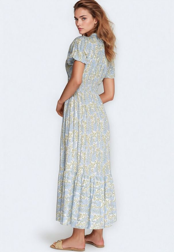 Born2be - Niebieska Bawełniana Sukienka z Bufiastymi Rękawami z Gumką w Talii i Falbaną Vimaliana. Okazja: na co dzień, na spacer. Typ kołnierza: dekolt w kształcie V. Kolor: niebieski. Materiał: bawełna. Styl: casual, elegancki, klasyczny