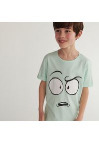 Reserved - Bawełniany t-shirt z nadrukiem - Turkusowy. Kolor: turkusowy. Materiał: bawełna. Wzór: nadruk #1