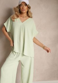 Renee - Zielony Bawełniany Komplet Spodnie o Szerokim Kroju i T-shirt Oversize Seltebis. Kolor: zielony. Materiał: bawełna. Wzór: aplikacja, gładki, kolorowy