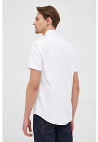 Armani Exchange koszula 8NZCBF.ZN10Z.NOS męska kolor biały slim z kołnierzykiem klasycznym. Typ kołnierza: kołnierzyk klasyczny. Kolor: biały. Materiał: tkanina. Długość rękawa: krótki rękaw. Długość: krótkie. Wzór: gładki. Styl: klasyczny #3