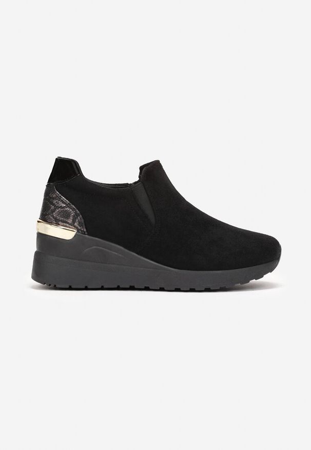 Renee - Czarne Sneakersy na Koturnie z Brokatową Wstawką Kilmi. Zapięcie: bez zapięcia. Kolor: czarny. Materiał: materiał, skóra. Wzór: aplikacja. Obcas: na koturnie