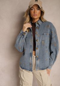 Renee - Niebieska Koszulowa Kurtka Jeansowa z Bawełny w Hafty Merinorie. Okazja: na co dzień. Kolor: niebieski. Materiał: bawełna, jeans. Długość rękawa: długi rękaw. Długość: długie. Wzór: haft. Styl: casual #3