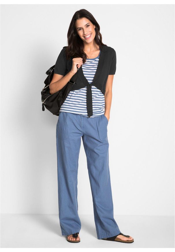 bonprix - Spodnie lniane z szerokimi nogawkami. Kolor: niebieski. Materiał: len