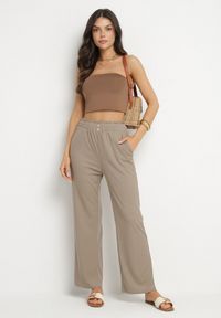 Born2be - Ciemnobeżowe Spodnie Paper Bag z Gumką w Talii i Wysokim Stanem Lunavia. Okazja: na co dzień. Stan: podwyższony. Kolor: beżowy. Styl: elegancki, casual #5