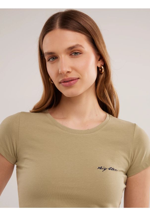 Big-Star - Koszulka damska slim z niewielkim logo zielona Irsera 300. Kolor: zielony. Materiał: bawełna, jeans. Wzór: haft. Sezon: lato. Styl: wakacyjny