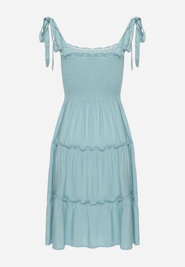 Born2be - Jasnoniebieska Rozkloszowana Sukienka z Wiskozą na Wiązanych Ramiączkach Aralisse. Okazja: na co dzień. Typ kołnierza: dekolt kwadratowy. Kolor: niebieski. Materiał: wiskoza. Długość rękawa: na ramiączkach. Typ sukienki: rozkloszowane. Styl: casual, klasyczny
