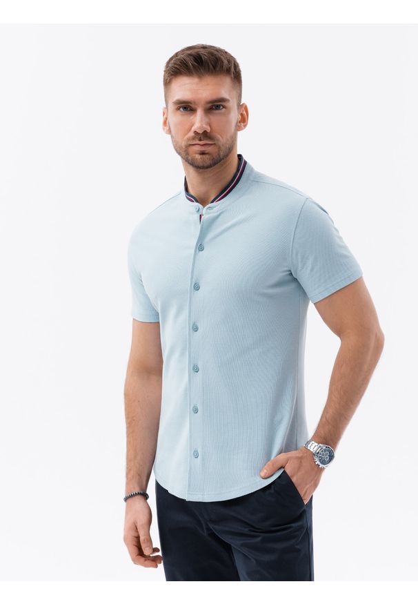 Ombre Clothing - Koszula męska z krótkim rękawem K543 - niebieska - XXL. Typ kołnierza: kołnierzyk stójkowy. Kolor: niebieski. Materiał: bawełna, tkanina, materiał. Długość rękawa: krótki rękaw. Długość: krótkie. Wzór: kolorowy. Sezon: lato
