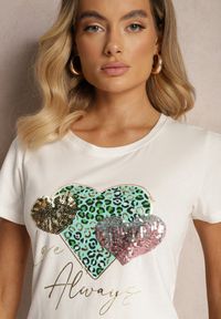 Renee - Biały T-shirt z Bawełny Ozdobiony Nadrukiem w Kształcie Serc Hennea. Okazja: na co dzień. Kolor: biały. Materiał: bawełna. Wzór: nadruk, aplikacja. Styl: casual