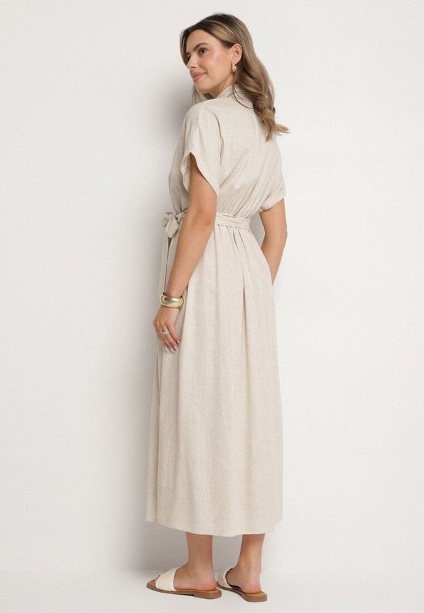 Born2be - Beżowa Koszulowa Sukienka z Lnem Wiskozą i Paskiem Lenaviel. Okazja: na co dzień. Kolor: beżowy. Materiał: len, wiskoza. Typ sukienki: koszulowe. Styl: casual, klasyczny