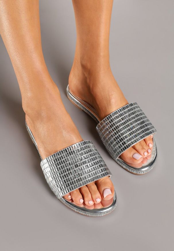 Renee - Srebrne Metaliczne Klapki w Klasycznym Stylu Deovinn. Nosek buta: otwarty. Kolor: srebrny. Materiał: jeans. Obcas: na obcasie. Styl: klasyczny. Wysokość obcasa: niski