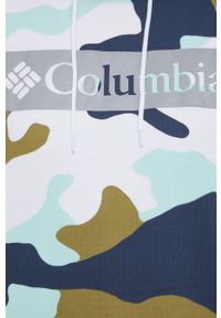 columbia - Columbia bluza męska kolor biały z kapturem z nadrukiem. Okazja: na co dzień. Typ kołnierza: kaptur. Kolor: biały. Materiał: dzianina. Wzór: nadruk. Styl: casual