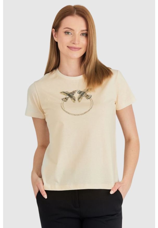 Pinko - PINKO Beżowy t-shirt damski z logo z cekinów, Rozmiar L. Kolor: beżowy. Materiał: prążkowany