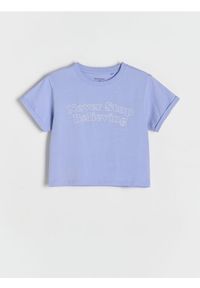 Reserved - Bawełniany t-shirt z nadrukiem - jasnoniebieski. Kolor: niebieski. Materiał: bawełna. Wzór: nadruk